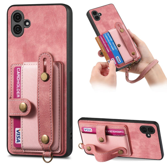 For Samsung Galaxy A04e Retro Cross Wristband Wallet Leather Back Phone Case(Pink) by buy2fix