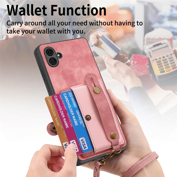 For Samsung Galaxy A04e Retro Cross Wristband Wallet Leather Back Phone Case(Pink) by buy2fix