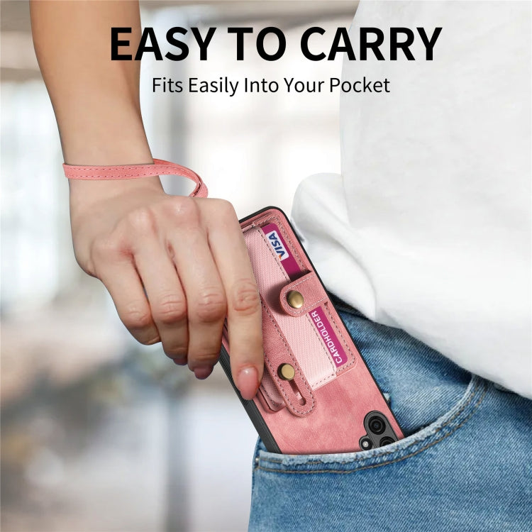 For Samsung Galaxy A04e Retro Cross Wristband Wallet Leather Back Phone Case(Pink) by buy2fix