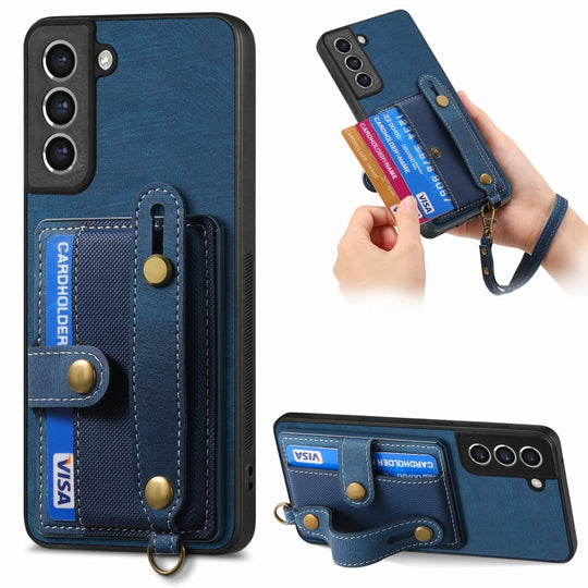 For Samsung Galaxy S21+ 5G Retro Cross Wristband Wallet Leather Back Phone Case(Blue)