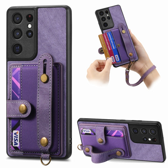 For Samsung Galaxy S21 Ultra 5G Retro Cross Wristband Wallet Leather Back Phone Case(Purple)