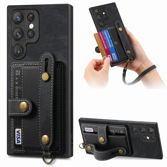 For Samsung Galaxy S22 Ultra 5G Retro Cross Wristband Wallet Leather Back Phone Case(Black)