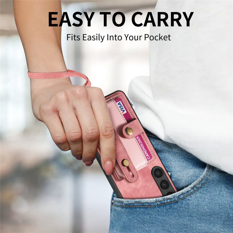 For Samsung Galaxy S23+ 5G Retro Cross Wristband Wallet Leather Back Phone Case(Pink) - Galaxy S23+ 5G Cases by buy2fix | Online Shopping UK | buy2fix