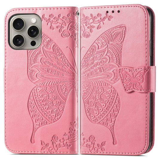 For iPhone 16 Pro Butterfly Love Flower Embossed Leather Phone Case(Pink) by buy2fix