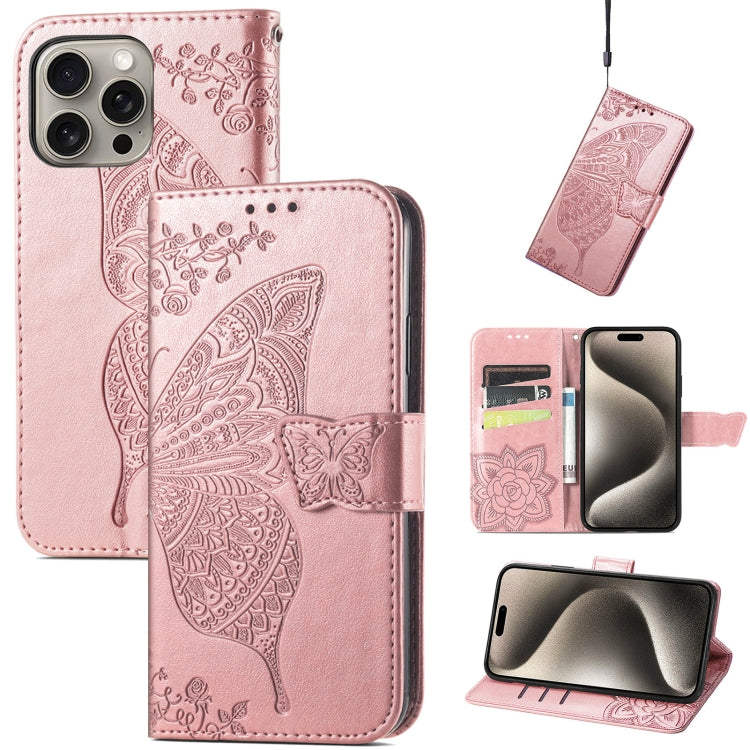 For iPhone 16 Pro Butterfly Love Flower Embossed Leather Phone Case(Rose Gold) - iPhone 16 Pro Cases by buy2fix | Online Shopping UK | buy2fix