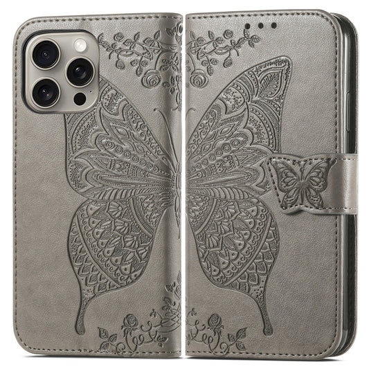For iPhone 16 Pro Butterfly Love Flower Embossed Leather Phone Case(Gray) by buy2fix