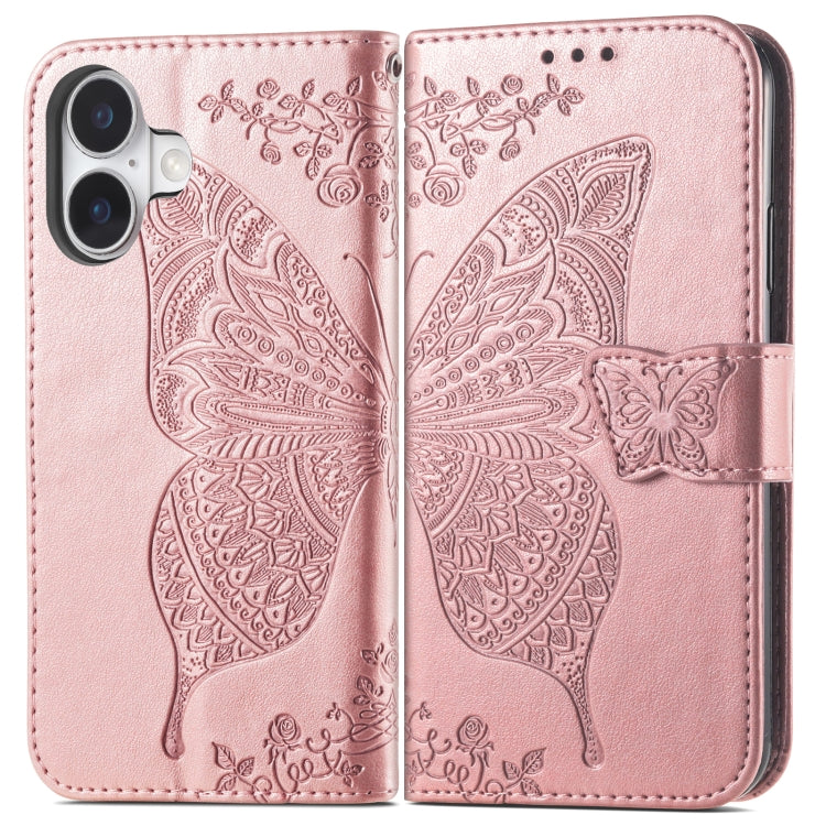 For iPhone 16 Plus Butterfly Love Flower Embossed Leather Phone Case(Rose Gold) - iPhone 16 Plus Cases by buy2fix | Online Shopping UK | buy2fix