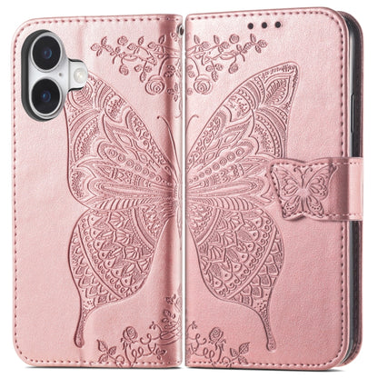 For iPhone 16 Plus Butterfly Love Flower Embossed Leather Phone Case(Rose Gold) - iPhone 16 Plus Cases by buy2fix | Online Shopping UK | buy2fix