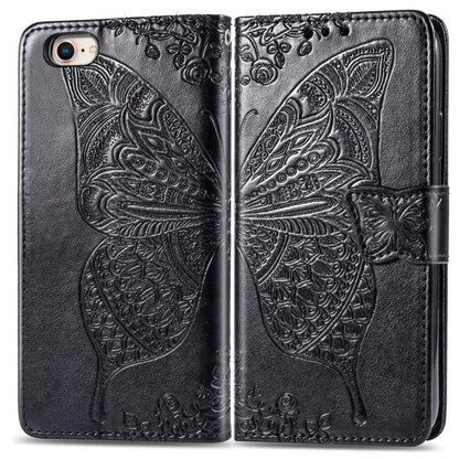 For iPhone 16e Butterfly Love Flower Embossed Leather Phone Case(Black) - iPhone 16e Cases by buy2fix | Online Shopping UK | buy2fix
