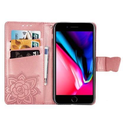 For iPhone 16e Butterfly Love Flower Embossed Leather Phone Case(Rose Gold) - iPhone 16e Cases by buy2fix | Online Shopping UK | buy2fix