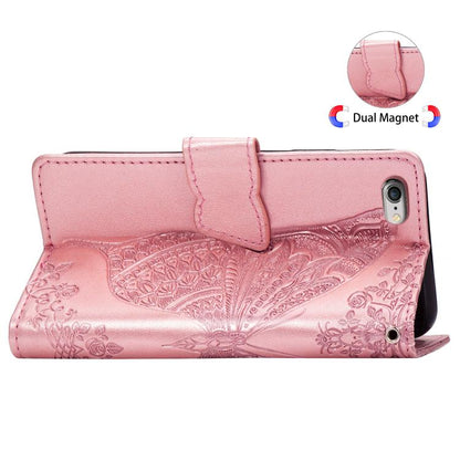 For iPhone 16e Butterfly Love Flower Embossed Leather Phone Case(Rose Gold) - iPhone 16e Cases by buy2fix | Online Shopping UK | buy2fix