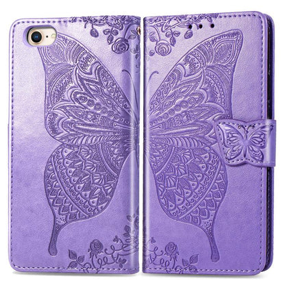 For iPhone 16e Butterfly Love Flower Embossed Leather Phone Case(Lavender) - iPhone 16e Cases by buy2fix | Online Shopping UK | buy2fix