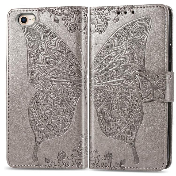 For iPhone 16e Butterfly Love Flower Embossed Leather Phone Case(Gray) - iPhone 16e Cases by buy2fix | Online Shopping UK | buy2fix
