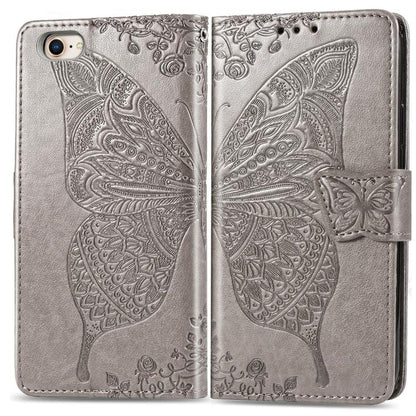 For iPhone 16e Butterfly Love Flower Embossed Leather Phone Case(Gray) - iPhone 16e Cases by buy2fix | Online Shopping UK | buy2fix