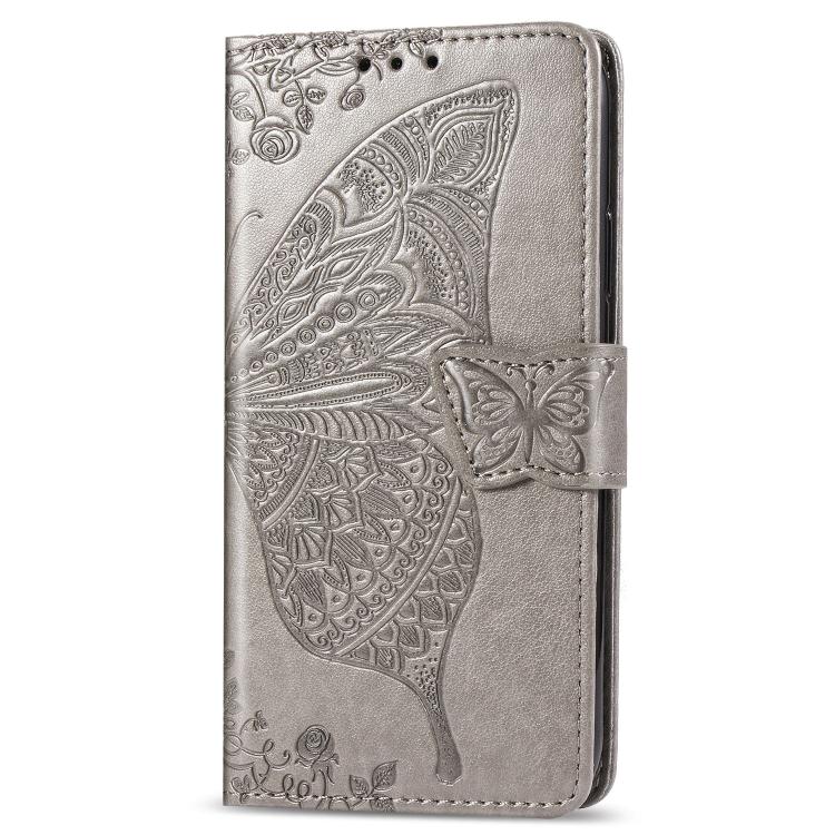 For iPhone 16e Butterfly Love Flower Embossed Leather Phone Case(Gray) - iPhone 16e Cases by buy2fix | Online Shopping UK | buy2fix