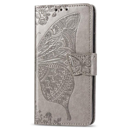 For iPhone 16e Butterfly Love Flower Embossed Leather Phone Case(Gray) - iPhone 16e Cases by buy2fix | Online Shopping UK | buy2fix