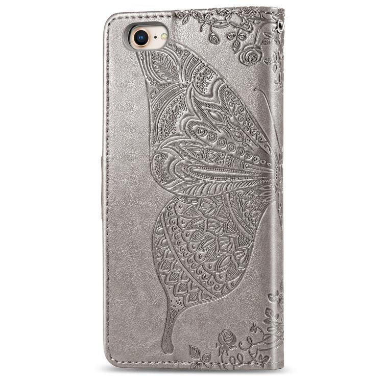For iPhone 16e Butterfly Love Flower Embossed Leather Phone Case(Gray) - iPhone 16e Cases by buy2fix | Online Shopping UK | buy2fix