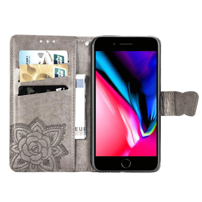 For iPhone 16e Butterfly Love Flower Embossed Leather Phone Case(Gray) - iPhone 16e Cases by buy2fix | Online Shopping UK | buy2fix