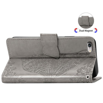 For iPhone 16e Butterfly Love Flower Embossed Leather Phone Case(Gray) - iPhone 16e Cases by buy2fix | Online Shopping UK | buy2fix