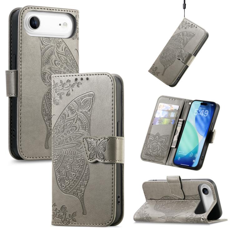 For iPhone Air Butterfly Love Flower Embossed Leather Phone Case(Gray) - iPhone Air Cases by buy2fix | Online Shopping UK | buy2fix