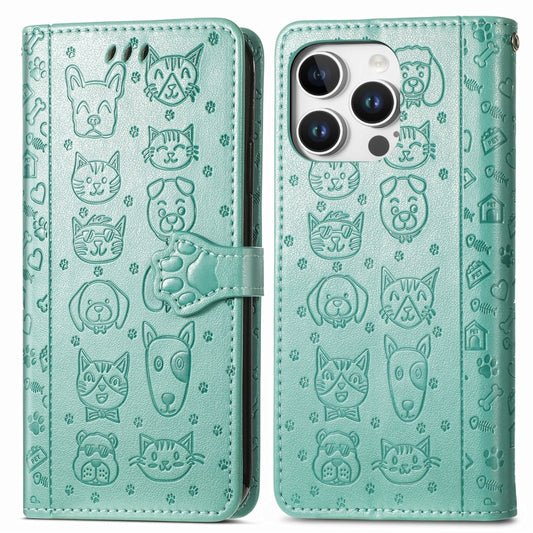 For iPhone 16 Pro Cat and Dog Embossed Leather Phone Case(Green) by buy2fix