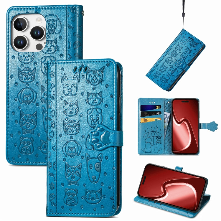 For iPhone 16 Pro Max Cat and Dog Embossed Leather Phone Case(Blue) by buy2fix