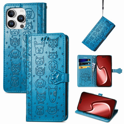 For iPhone 16 Pro Max Cat and Dog Embossed Leather Phone Case(Blue) by buy2fix