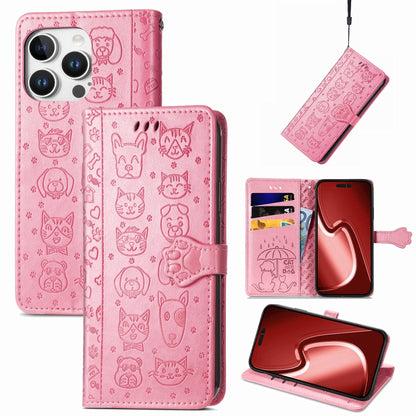 For iPhone 16 Pro Max Cat and Dog Embossed Leather Phone Case(Pink) by buy2fix