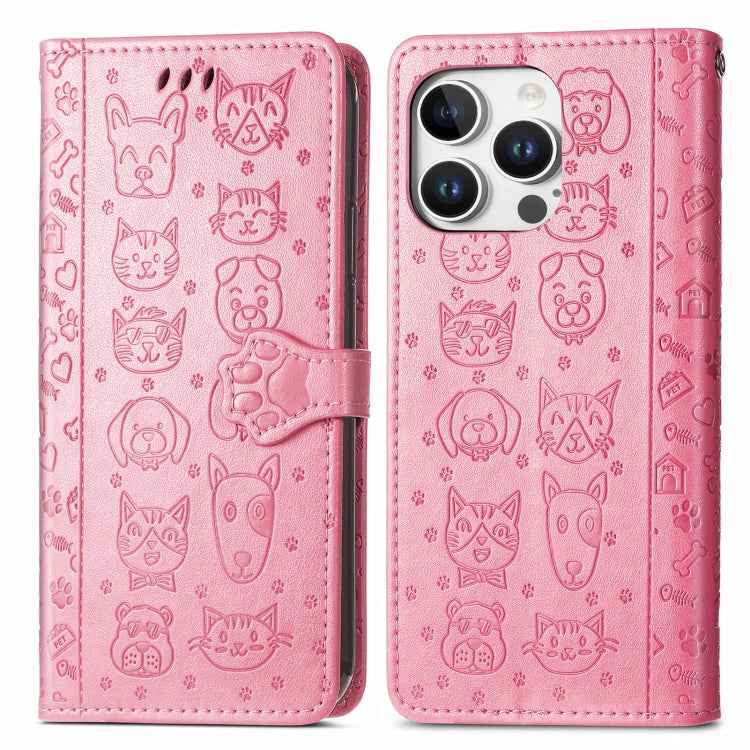 For iPhone 16 Pro Max Cat and Dog Embossed Leather Phone Case(Pink) by buy2fix