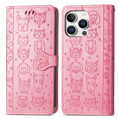 For iPhone 16 Pro Max Cat and Dog Embossed Leather Phone Case(Pink) by buy2fix