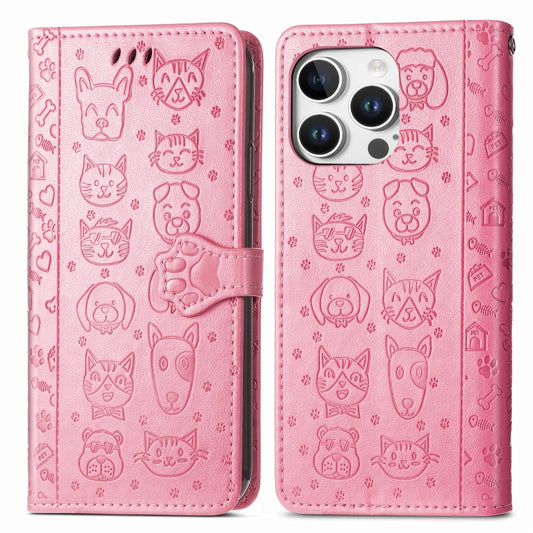 For iPhone 16 Pro Max Cat and Dog Embossed Leather Phone Case(Pink) by buy2fix