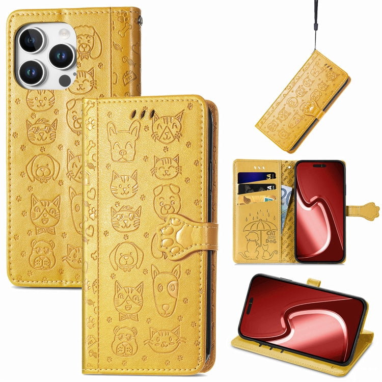 For iPhone 16 Pro Max Cat and Dog Embossed Leather Phone Case(Yellow) by buy2fix