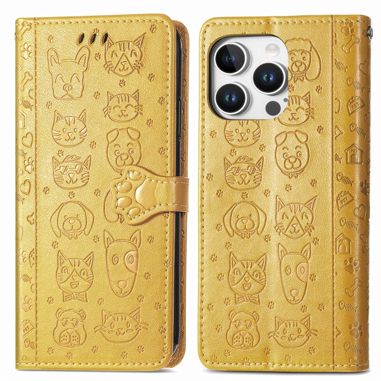 For iPhone 16 Pro Max Cat and Dog Embossed Leather Phone Case(Yellow) by buy2fix