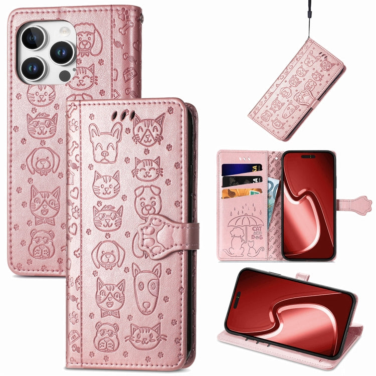 For iPhone 16 Pro Max Cat and Dog Embossed Leather Phone Case(Rose Gold) by buy2fix