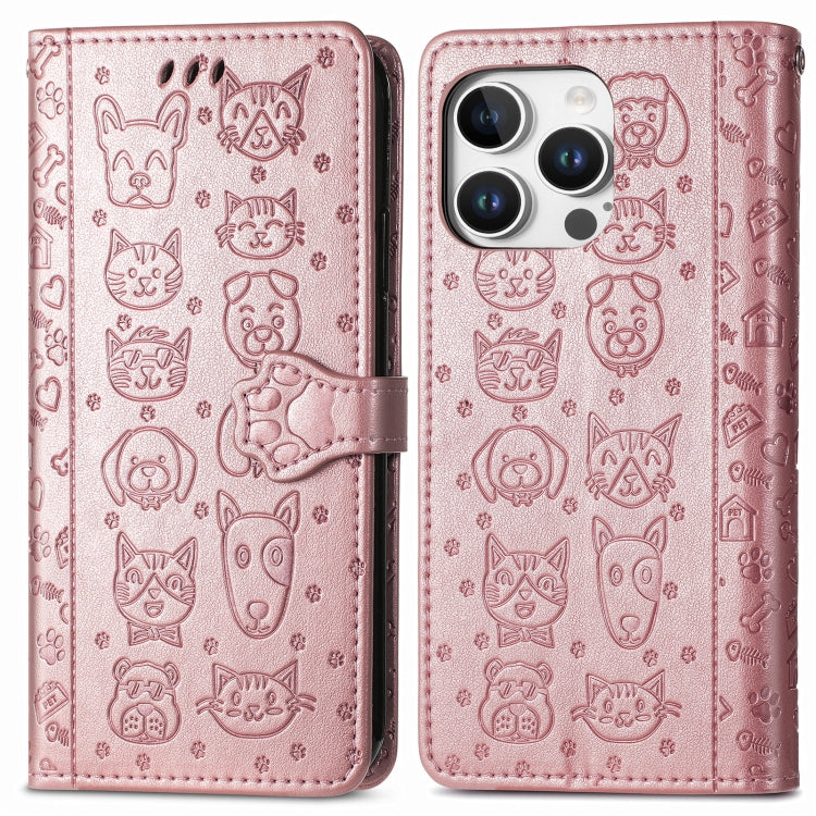 For iPhone 16 Pro Max Cat and Dog Embossed Leather Phone Case(Rose Gold) by buy2fix