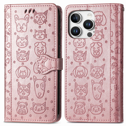 For iPhone 16 Pro Max Cat and Dog Embossed Leather Phone Case(Rose Gold) by buy2fix