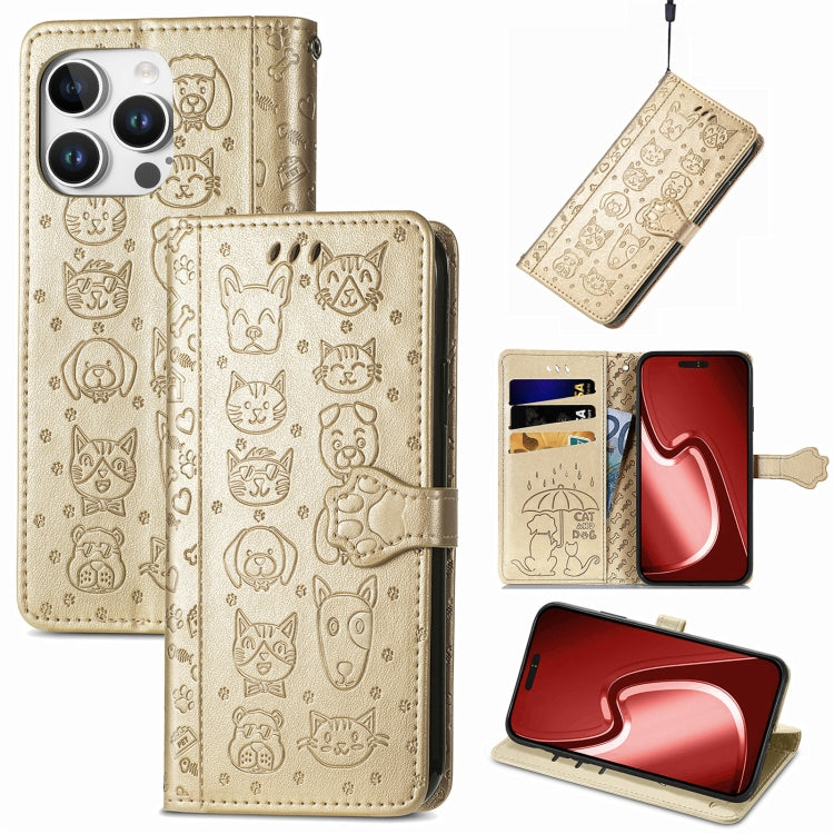 For iPhone 16 Pro Max Cat and Dog Embossed Leather Phone Case(Gold) by buy2fix