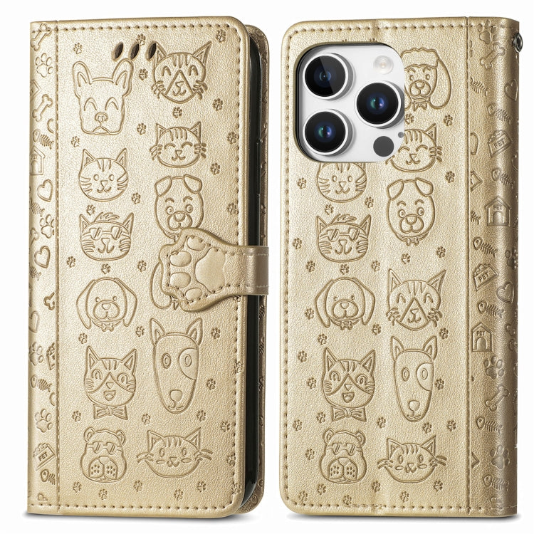 For iPhone 16 Pro Max Cat and Dog Embossed Leather Phone Case(Gold) by buy2fix