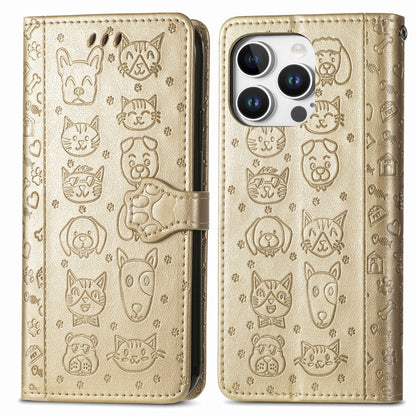 For iPhone 16 Pro Max Cat and Dog Embossed Leather Phone Case(Gold) by buy2fix