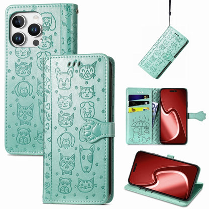 For iPhone 16 Pro Max Cat and Dog Embossed Leather Phone Case(Green) by buy2fix