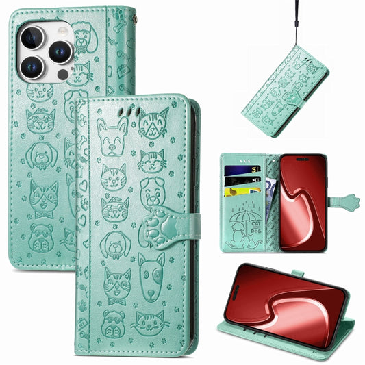 For iPhone 16 Pro Max Cat and Dog Embossed Leather Phone Case(Green) by buy2fix