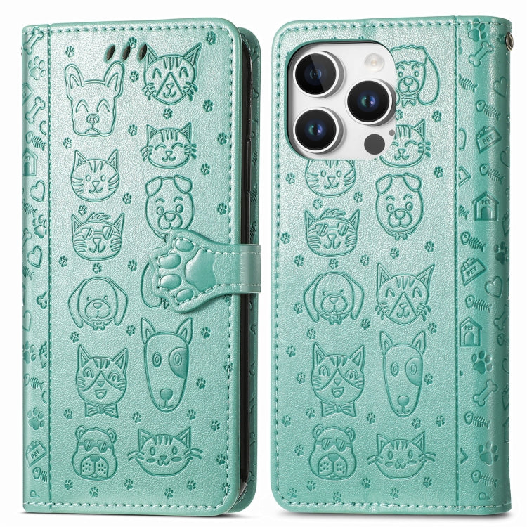 For iPhone 16 Pro Max Cat and Dog Embossed Leather Phone Case(Green) by buy2fix