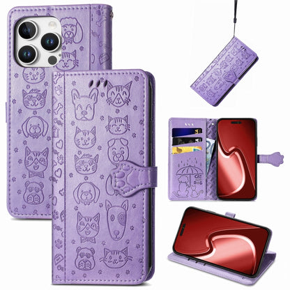For iPhone 16 Pro Max Cat and Dog Embossed Leather Phone Case(Purple) by buy2fix