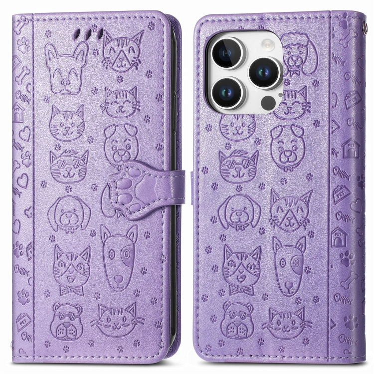 For iPhone 16 Pro Max Cat and Dog Embossed Leather Phone Case(Purple) by buy2fix