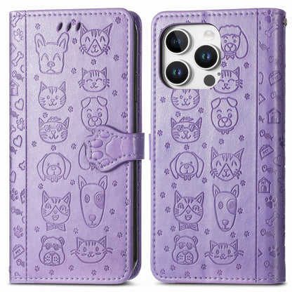 For iPhone 16 Pro Max Cat and Dog Embossed Leather Phone Case(Purple) by buy2fix