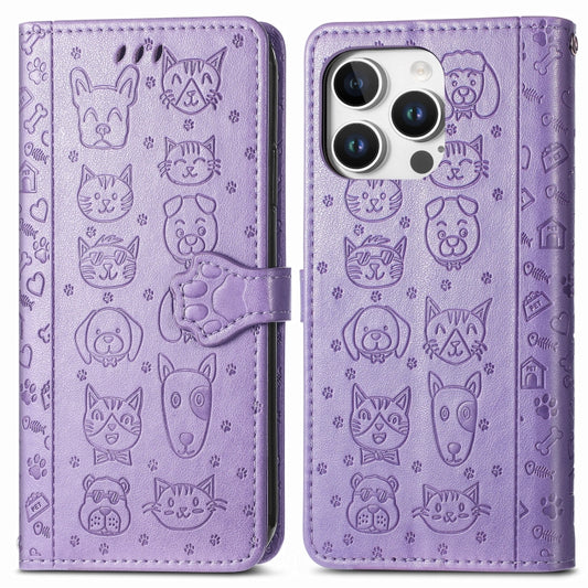 For iPhone 16 Pro Max Cat and Dog Embossed Leather Phone Case(Purple) by buy2fix