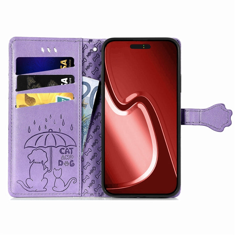 For iPhone 16 Pro Max Cat and Dog Embossed Leather Phone Case(Purple) by buy2fix