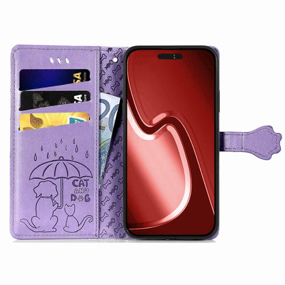 For iPhone 16 Pro Max Cat and Dog Embossed Leather Phone Case(Purple) by buy2fix