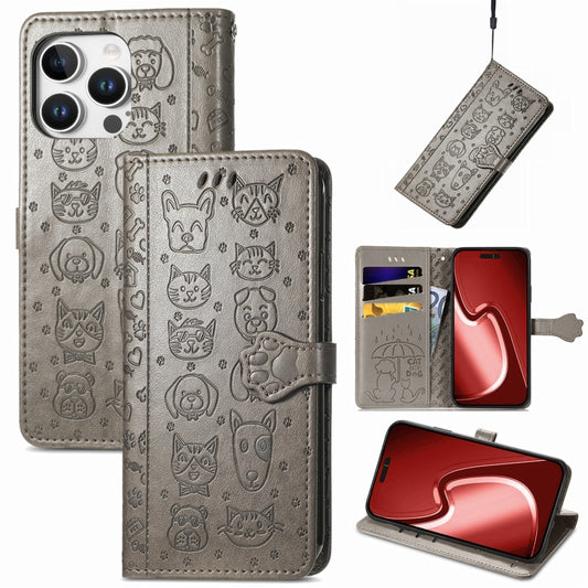 For iPhone 16 Pro Max Cat and Dog Embossed Leather Phone Case(Gray) by buy2fix