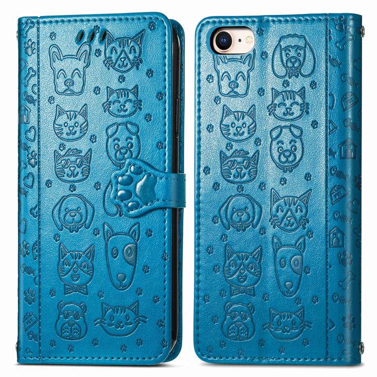 For iPhone 16e Cat and Dog Embossed Leather Phone Case(Blue) - iPhone 16e Cases by buy2fix | Online Shopping UK | buy2fix